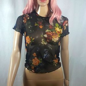 Gaze Women's Black Floral Short Sleeve Fitted Knit Shirt Size Small